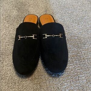 Black Suede Slip-On Mule with Silver Bit Accent - Women's